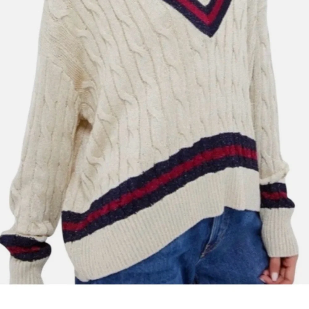NWT TUCKERNUCK Garnet and Navy Stripe Gold Metallic Morrissey Sweater Size L - Picture 14 of 15